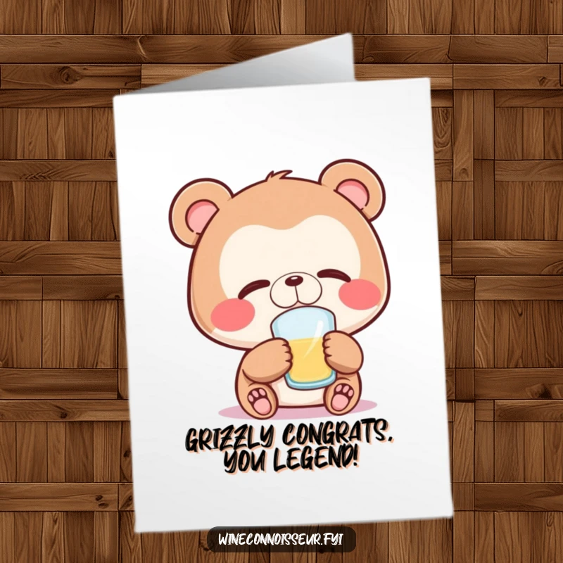 Funny Free Printable Congratulations Card: A joyful bear savoring a sip, appreciating a moment of sweet success.