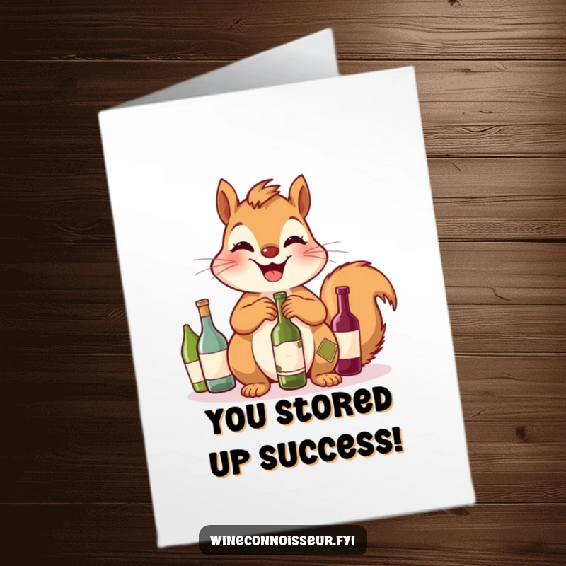 Free Printable Congratulations Card: A giggling squirrel shows off an impressive collection of miniature wine bottles.