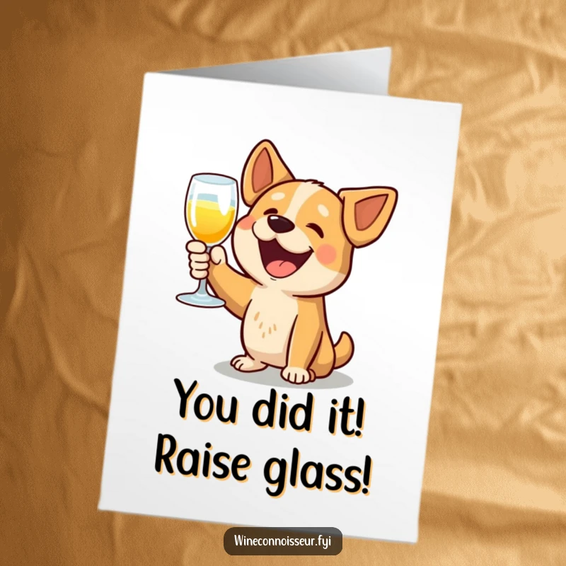 Funny Free Printable Congratulations Card: Excited dog holding a glass, toasting to success with pure delight.