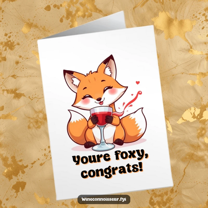 Funny Free Printable Congratulations Card: A smiling fox with great care swirls a goblet of red liquid, toasting a success with downloadable style.
