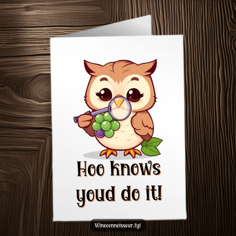 Funny Free Printable Congrats Card: Cheerful owl using a magnifying glass on a grape, celebrating success, downloadable gift.