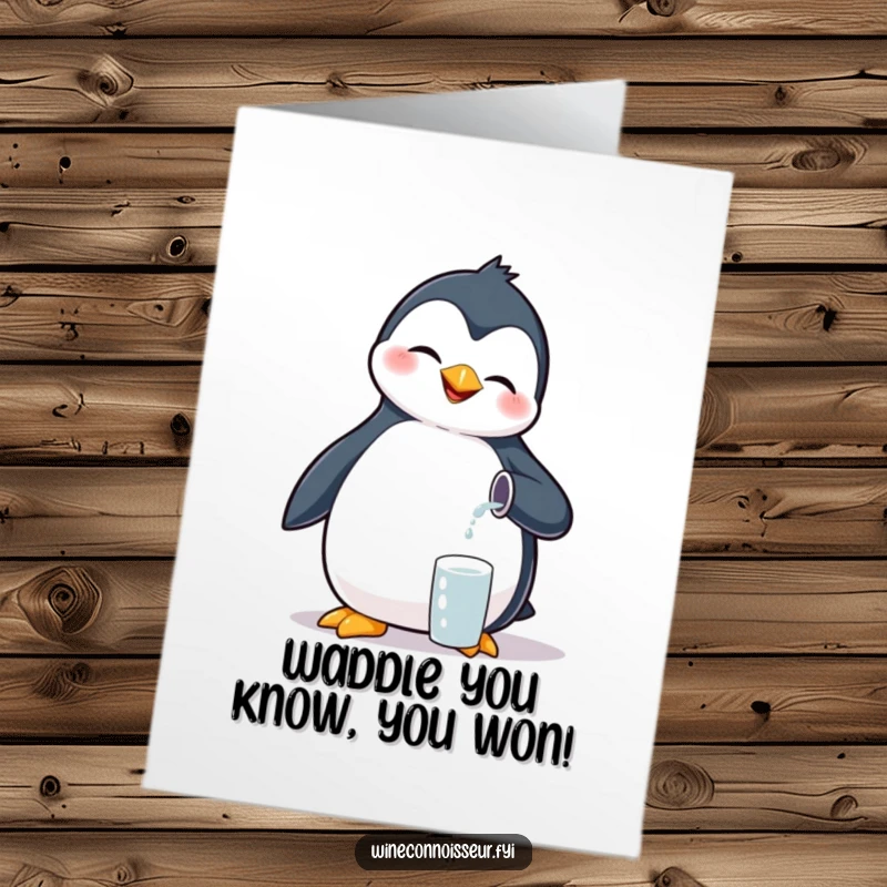 Funny Free Printable Congratulations Card: A giggling penguin manages a minuscule pour, celebrating your achievement with adorable, precise humor.