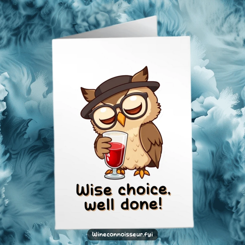 Funny Free Printable Congrats Card: A wise brown owl with spectacles swirls a glass of red liquid.
