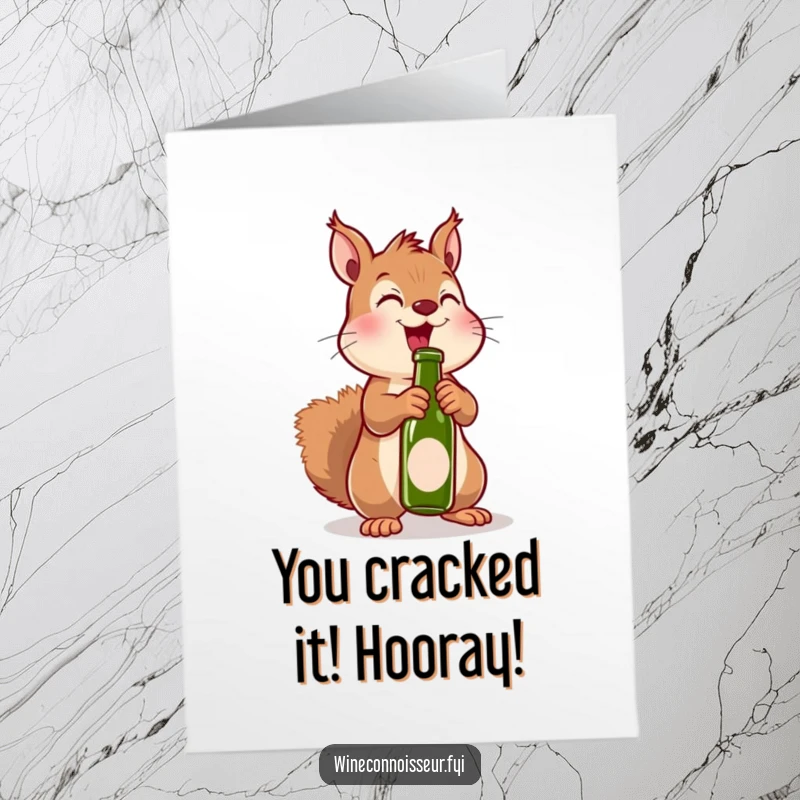 Funny Free Printable Congratulations Card: A hyperactive kawaii squirrel gleefully pops open a miniature bottle. Perfect for celebrations.