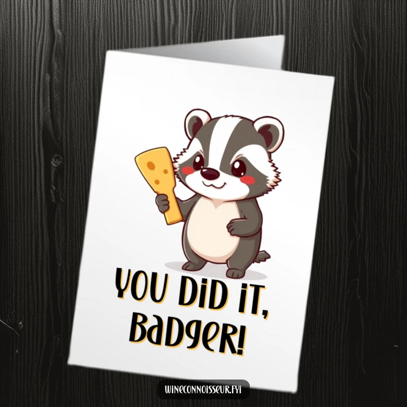 Free Printable Congratulations Card: A proud badger beams while holding a delectable cheese board.