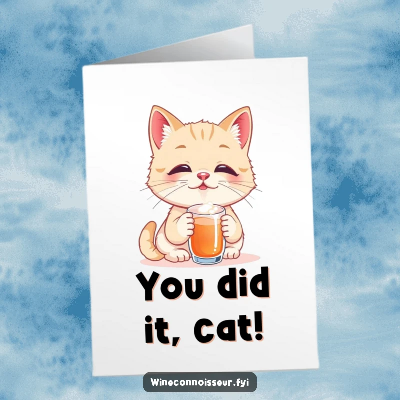 Funny Free Printable Congratulations Card showing a playful cat taster enjoying a tiny sip with eyes closed in bliss.