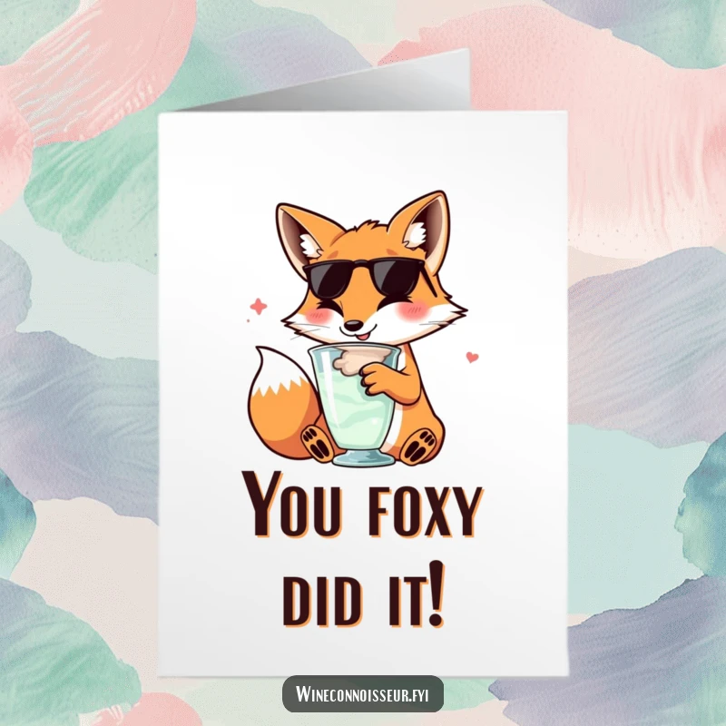 Free Printable Congratulations Card: A sophisticated kawaii fox joyfully swirling a glass, celebrating achievement with class.