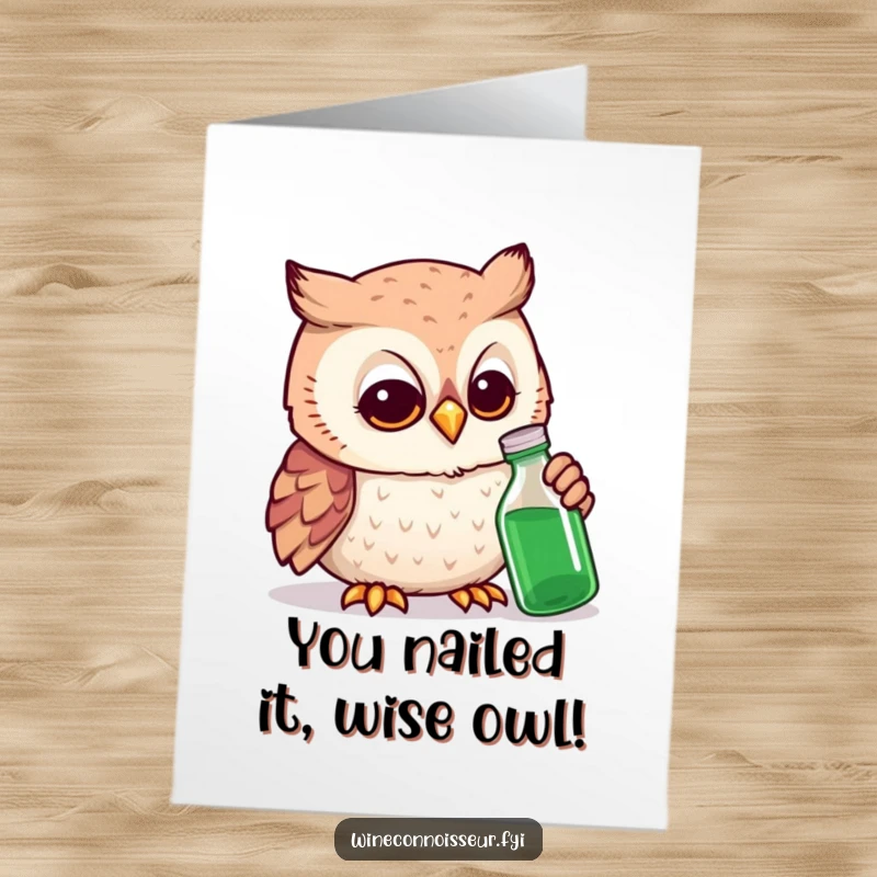 Funny Free Printable Congratulations Card: A scholarly owl wearing glasses meticulously examines a small vial, celebrating your success.