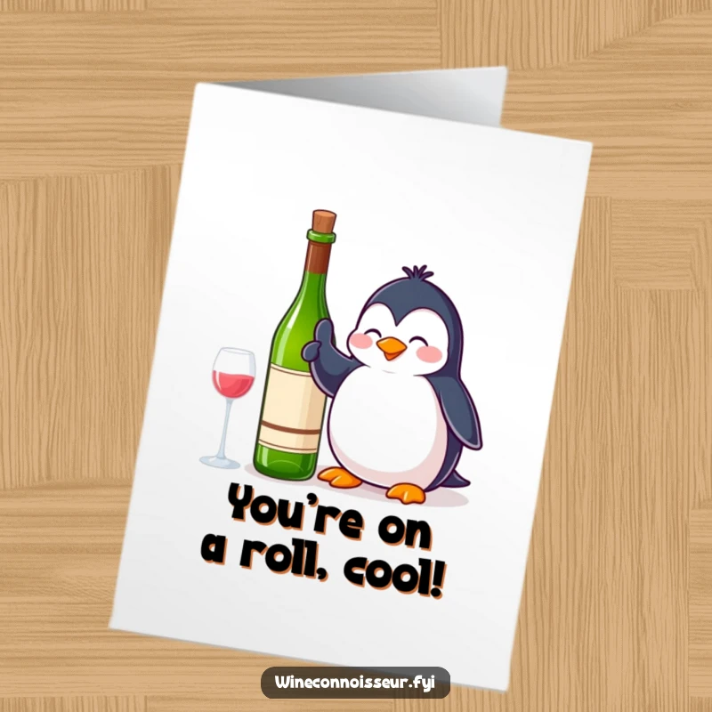 Funny Free Printable Congratulations Card: A contented penguin giving a thumbs up next to a wine bottle, a cool downloadable endorsement.