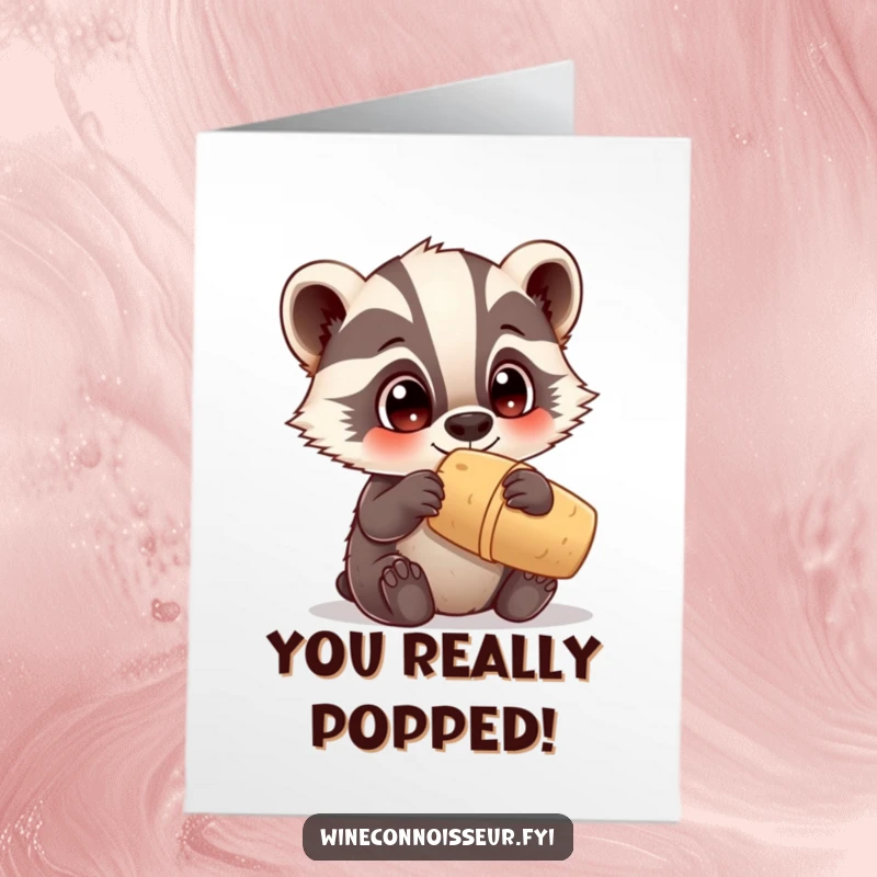 Funny Free Printable Congratulations Card: Curious Kawaii badger examines a cork with wide, intrigued eyes, celebrating a discovery.