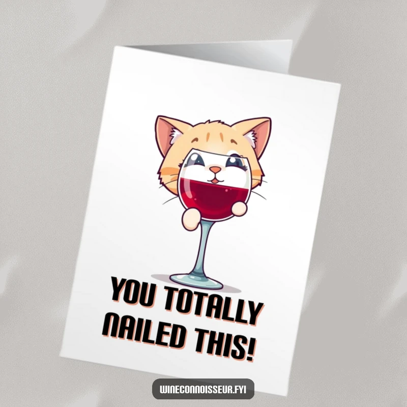 Funny Free Printable Congratulations Card: Playful cat character peering into a wine glass with intrigue, celebrating with downloadable curiosity.