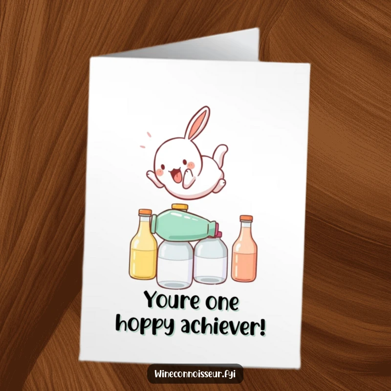 Funny Free Printable Congrats Card: Playful rabbit somersaulting over stacked bottles, celebrating achievement, dynamic downloadable gift.