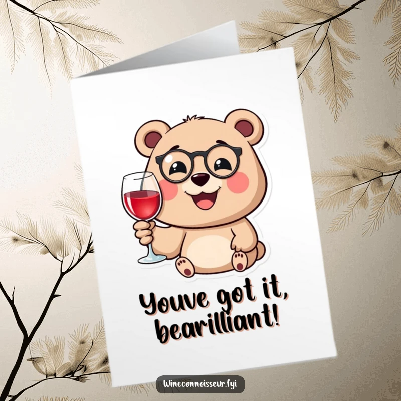 Funny Free Printable Congratulations Card: A happy bear with a monocle smiles, holding a wine glass, toasting a success with downloadable flair.