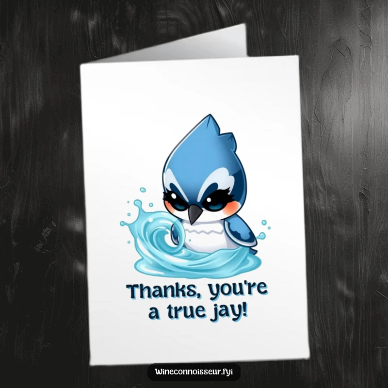 Funny Free Printable thank you card with a determined blue jay character intently analyzing a swirling liquid, symbolizing deep thought and heartfelt thanks.