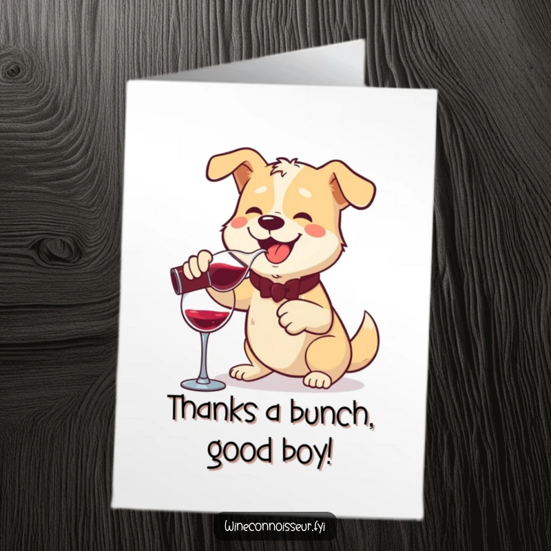 Funny Free Printable Thank You Card: Cheerful dog pouring wine from a decanter with a flourish, expressing thanks with downloadable joy.