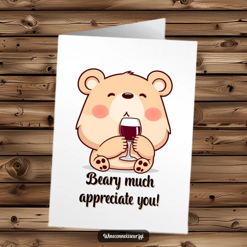 Funny Free Printable content bear savoring wine, perfect for a thank you card, sophisticated downloadable gift.