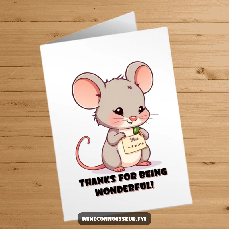 Funny Free Printable thoughtful mouse studying wine label, perfect for a thank you card, insightful downloadable gift.