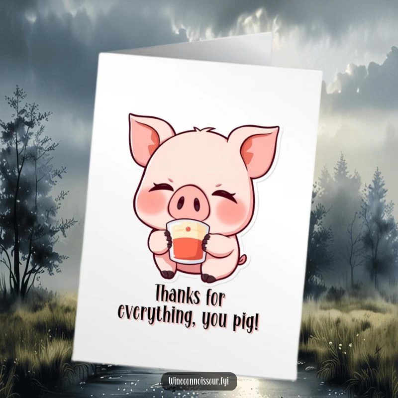 Funny Free Printable Kawaii Pig Thank You Card, giggling while savoring a sip, expressing gratitude adorably.