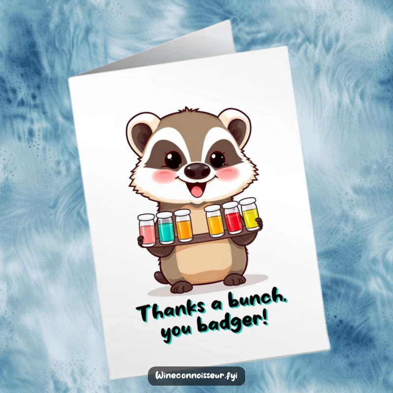 Funny free printable thank you card of a delighted badger offering a tasting flight of miniature vials.