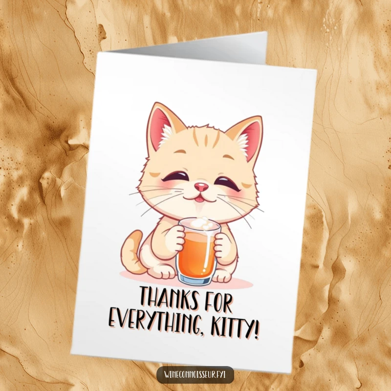 Funny Free Printable Thank You Card of a playful cat taster savoring a tiny sip with sheer bliss on its face.