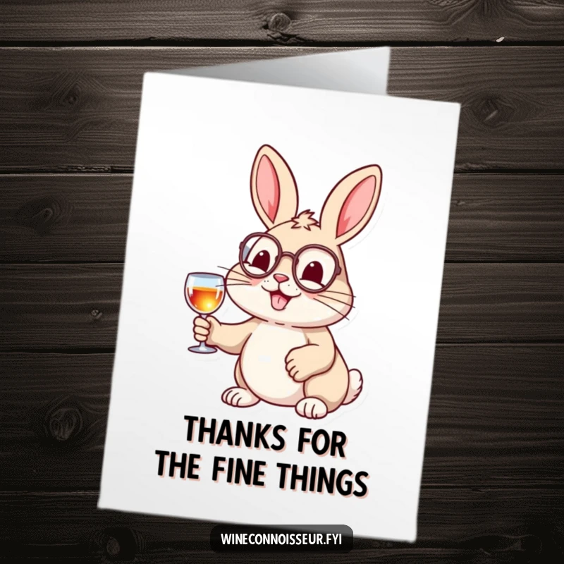 Funny Free Printable Thank You Card featuring a cheerful rabbit in a monocle, holding a tiny wine glass, offering thanks elegantly.