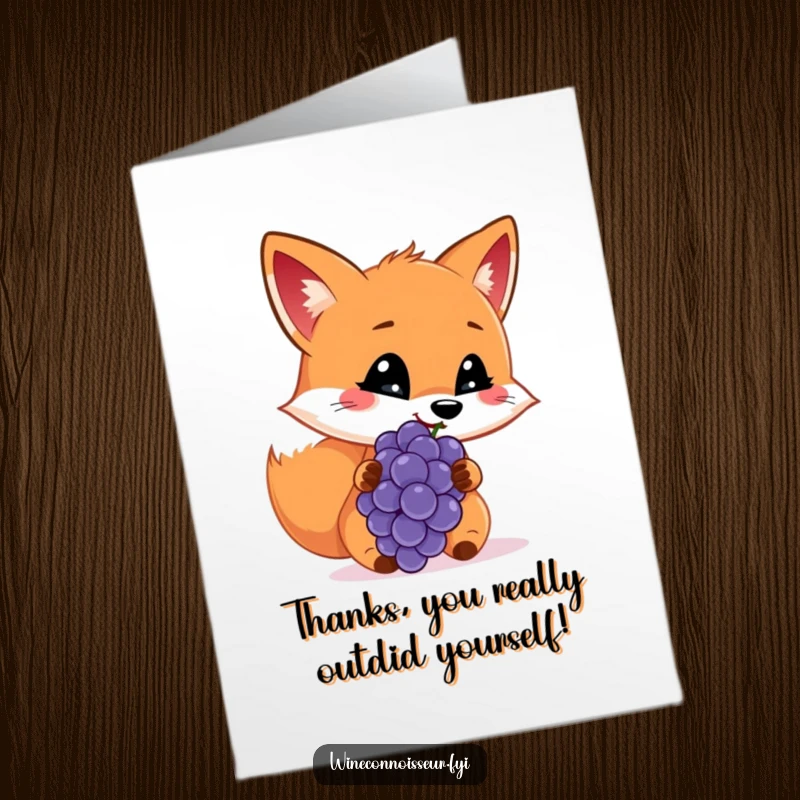 Funny free printable thank you card of a cheerful fox giving a discerning sniff to a grape, implying thanks.