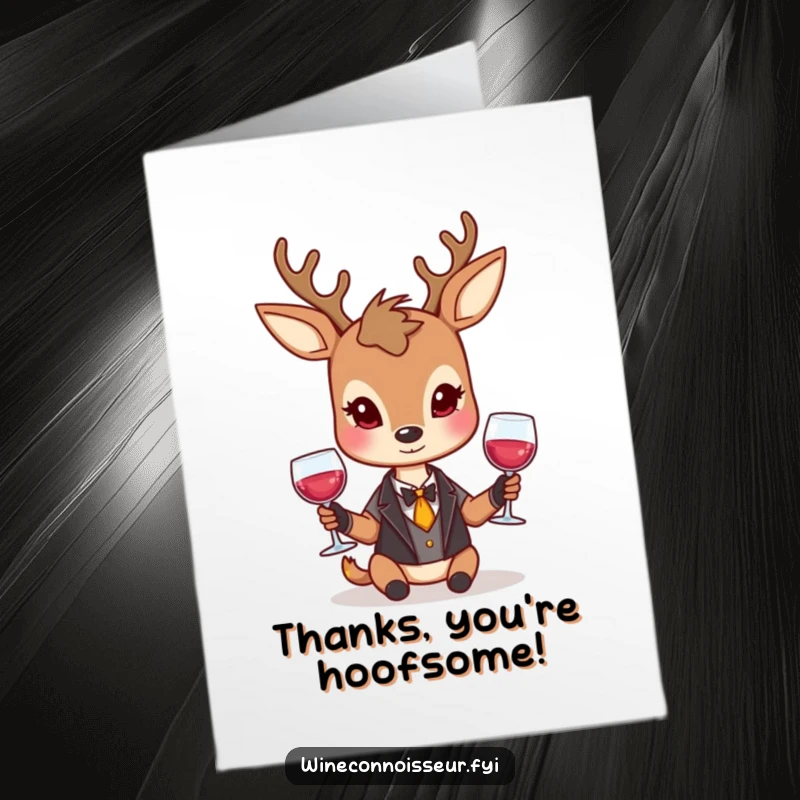 Funny Free Printable Thank You Card: A dignified deer holding a wine glass, offering thanks with a sophisticated and reserved smile.