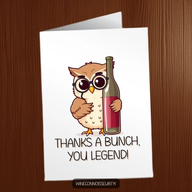 Funny Free Printable Thank You Card: Owl with monocle thoughtfully considers a wine bottle, expressing gratitude.