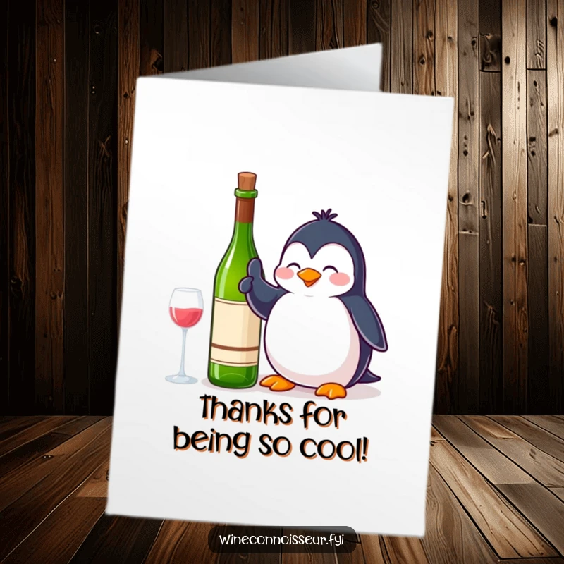 Funny Free Printable Thank You Card: A contented penguin giving a thumbs up next to a wine bottle, a cool downloadable thank you.