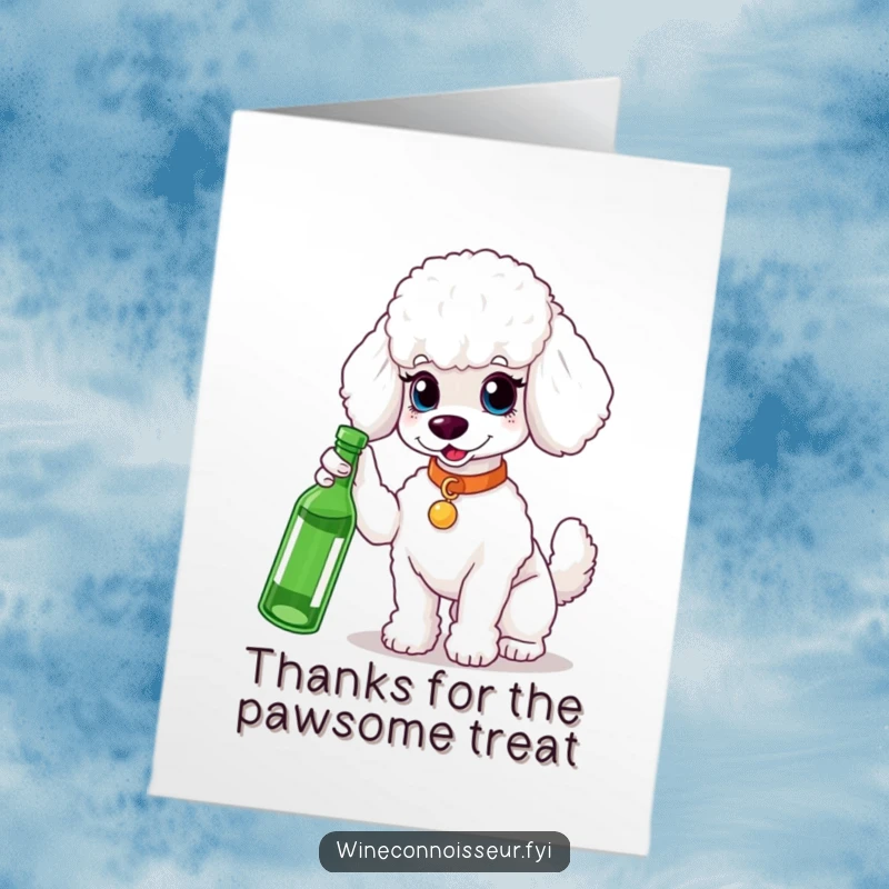 Funny Free Printable Thank You Card: White Poodle with Sophisticated Air, Gesturing to Wine Bottle