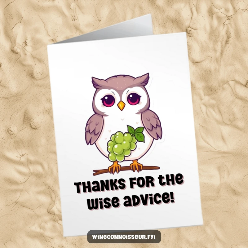 Funny Free Printable Thank You Card: A proud owl balances a single grape on its beak, offering thanks with quiet, impressive grace.