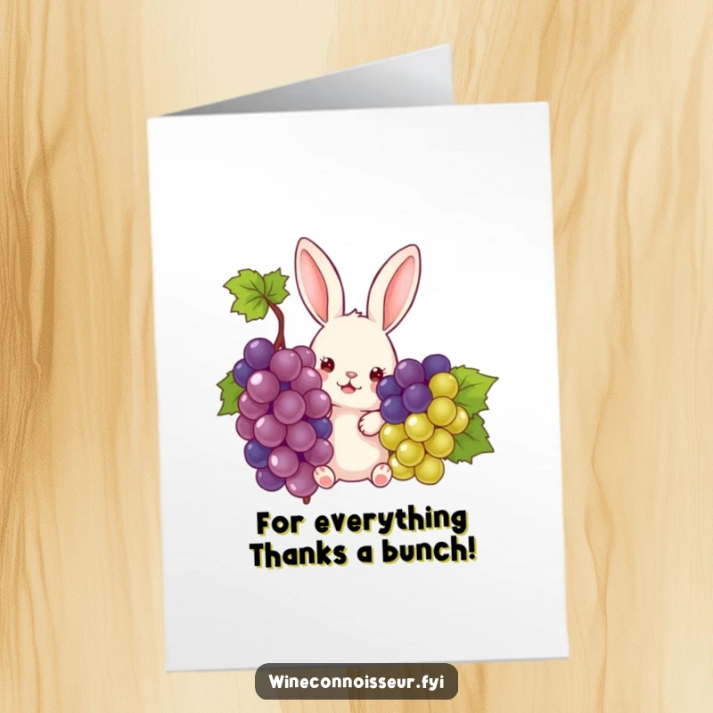 Funny Free Printable Thank You Card: Curious rabbit with grapes, sharing sincere thanks. Hilarious downloadable.