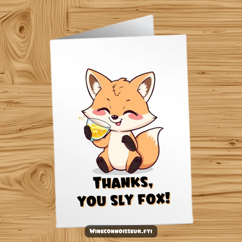 Funny Free Printable Thank You Card of a sophisticated fox character swirling a glass of bubbly liquid.