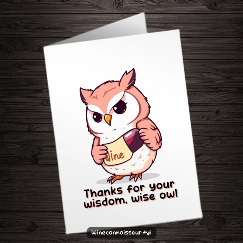 Funny free printable thank you card featuring a determined Kawaii owl character studying a wine label, a perfect thank you gift.