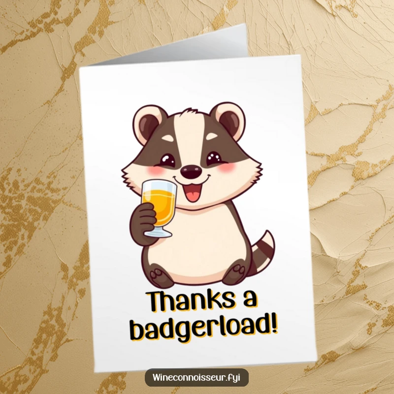 Funny Free Printable Thank You Card: A happy badger toasting with a small glass, expressing heartfelt gratitude with a big smile.