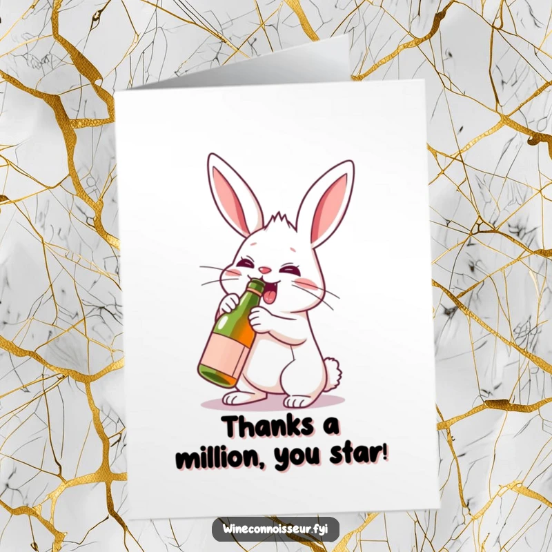 Funny Free Printable Thank You Card: Determined rabbit uncorks a small wine bottle, celebrating gratitude with joy.