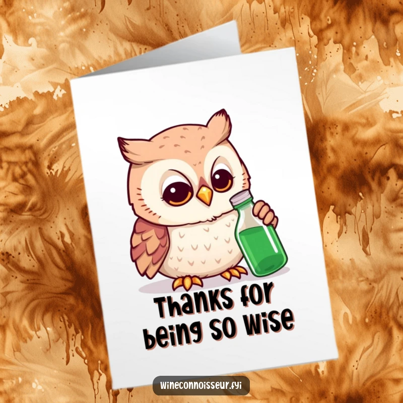 Funny Free Printable Thank You Card: A smiling owl wearing glasses intently inspects a tiny bottle, conveying thanks with a scientific air.