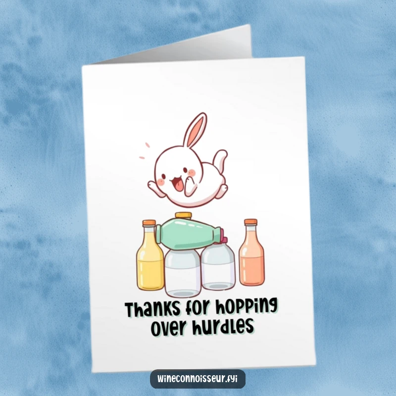 Funny Free Printable Thank You Card: Playful rabbit somersaulting over stacked bottles, conveying thanks with energy, downloadable gift.