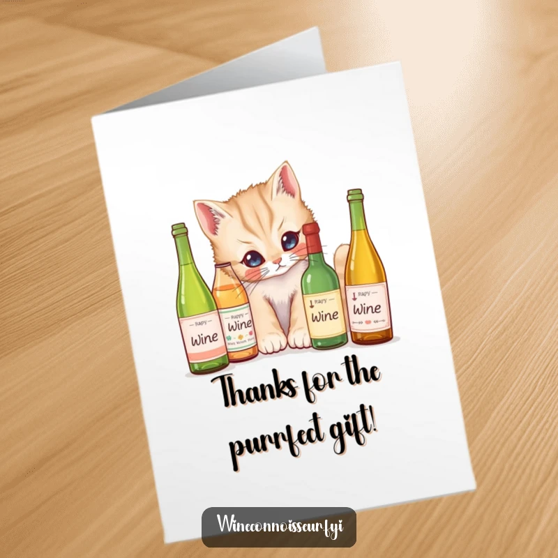 Funny Free Printable Thank You Card: A curious kitten investigating miniature wine bottles, a sweet and downloadable thank you message.