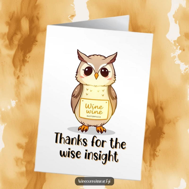 Funny Free Printable Thank You Card: Kawaii owl with bright eyes illuminating a wine label. A humorous and thoughtful thank you.