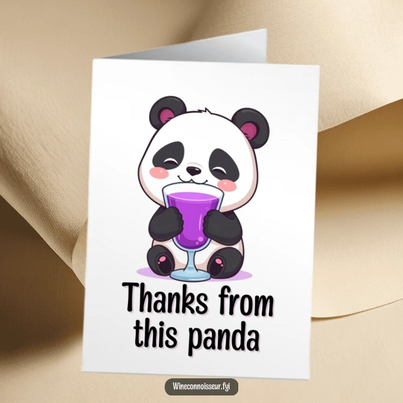 Funny Free Printable Thank You Card: A panda swirling a glass of purple liquid, offering a contented sigh of gratitude.