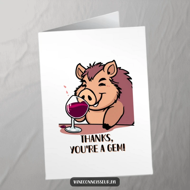 Funny Free Printable Thank You Card: A jovial boar character contentedly sipping from a large wine goblet, showing appreciation.