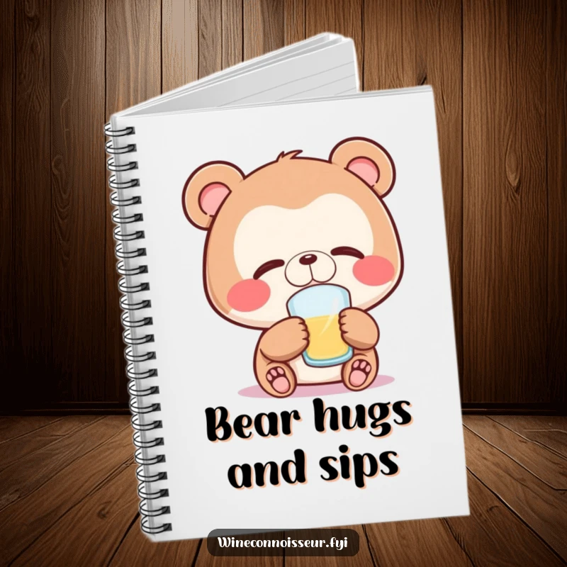 Funny bear notebook with a joyful bear character savoring a sip with eyes closed, perfect for journaling peaceful thoughts.