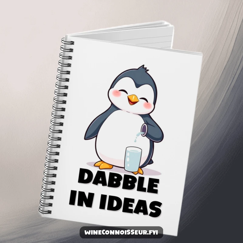 Funny giggling penguin notebook, pouring tiny liquid, cute stationery for notes and journaling.