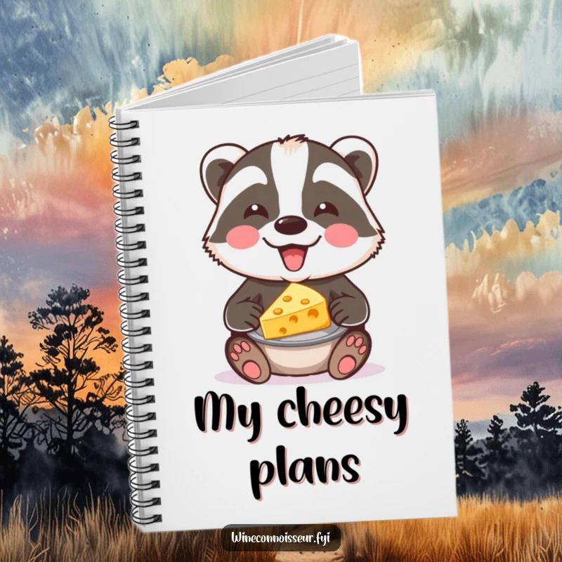 Funny badger cheese notebook with a joyful badger presenting cheese on the cover. Perfect for recipes and notes.
