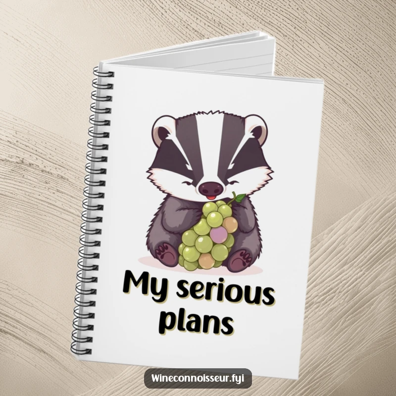 Funny notebook cover with a determined badger examining a grape with great concentration, ideal for capturing focused and detailed ideas.