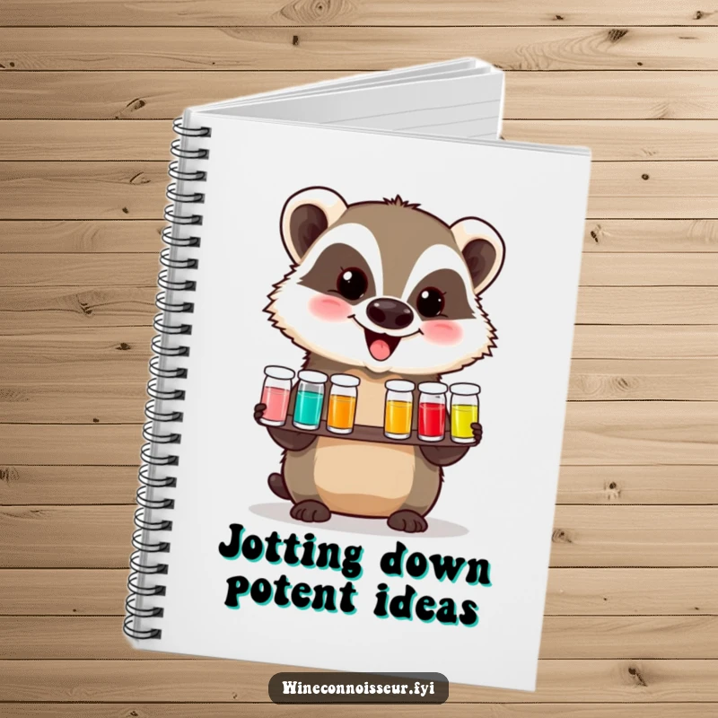 Funny notebook with a delighted badger presenting a tasting flight of tiny vials, encouraging creative thoughts and amusing jottings with its playful demeanor.