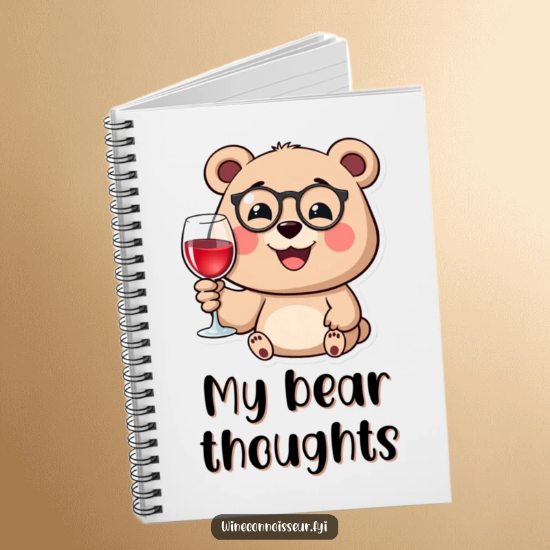 Funny notebook cover with a happy bear wearing a monocle, smiling while holding a wine glass, perfect for stylish note-taking.
