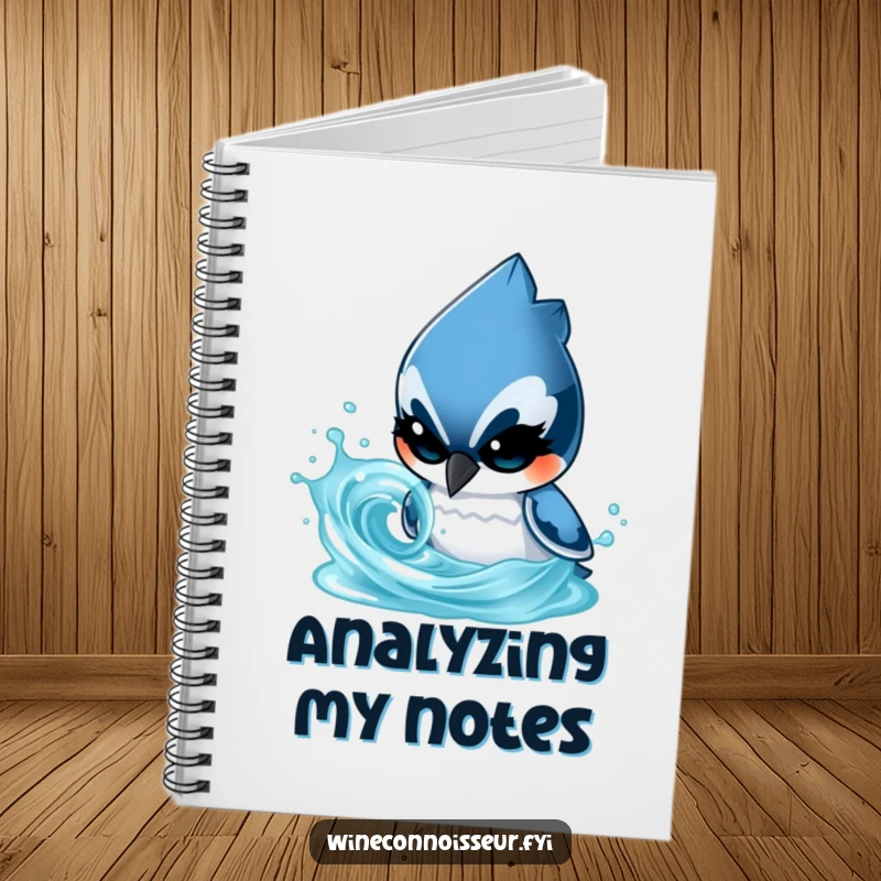Funny notebook with a determined blue jay character analyzing a swirling liquid, perfect for jotting down scientific thoughts.