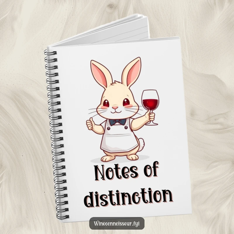 Funny brave rabbit sommelier notebook, wearing apron, nodding wisely, sophisticated stationery for notes.
